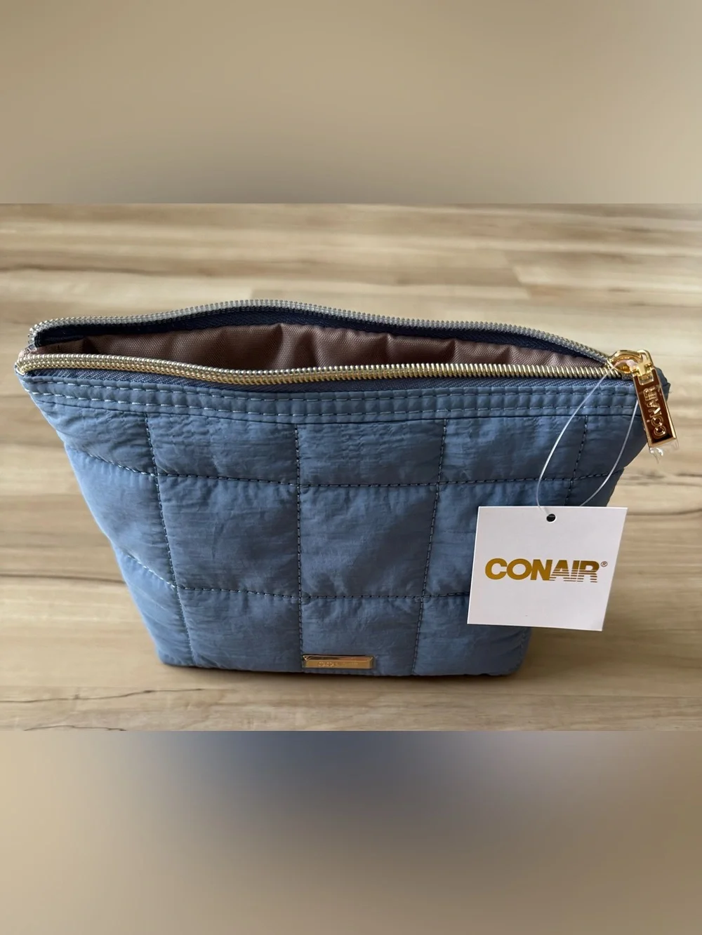 Conair Blue Quilted Clutch, Soft Polyester Beauty Pouch with Gold-Tone Hardware